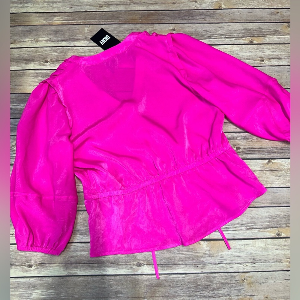 DKNY Women's Pink Satin 3/4-Sleeve Peplum Top Shocking Pink Size S - Picture 3 of 5